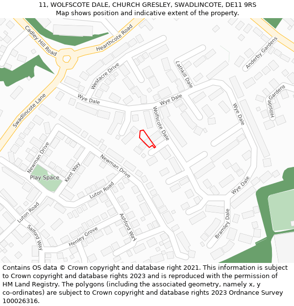 11, WOLFSCOTE DALE, CHURCH GRESLEY, SWADLINCOTE, DE11 9RS: Location map and indicative extent of plot