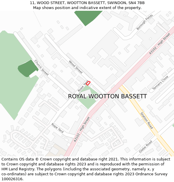 11, WOOD STREET, WOOTTON BASSETT, SWINDON, SN4 7BB: Location map and indicative extent of plot