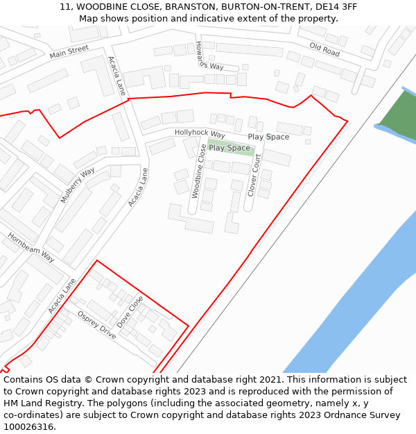 11, WOODBINE CLOSE, BRANSTON, BURTON-ON-TRENT, DE14 3FF: Location map and indicative extent of plot