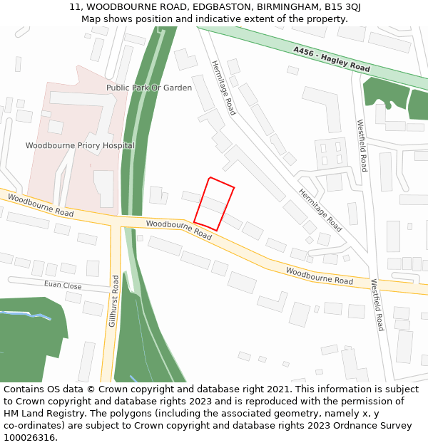 11, WOODBOURNE ROAD, EDGBASTON, BIRMINGHAM, B15 3QJ: Location map and indicative extent of plot