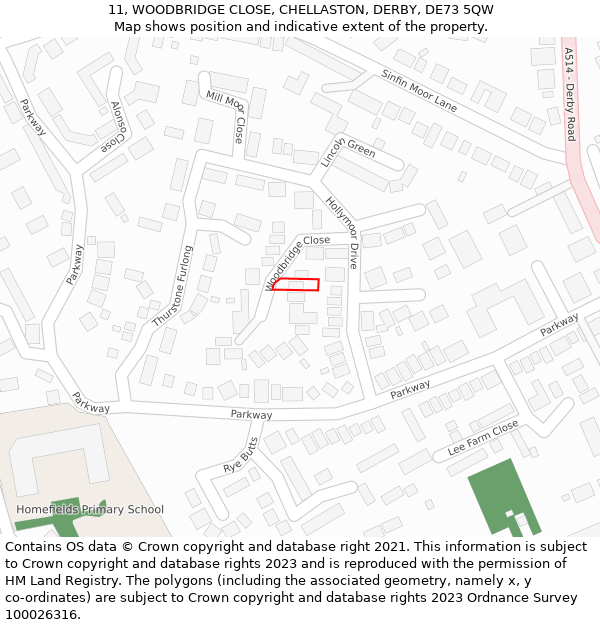 11, WOODBRIDGE CLOSE, CHELLASTON, DERBY, DE73 5QW: Location map and indicative extent of plot