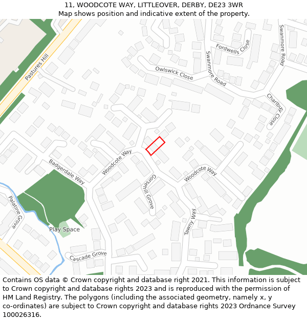11, WOODCOTE WAY, LITTLEOVER, DERBY, DE23 3WR: Location map and indicative extent of plot