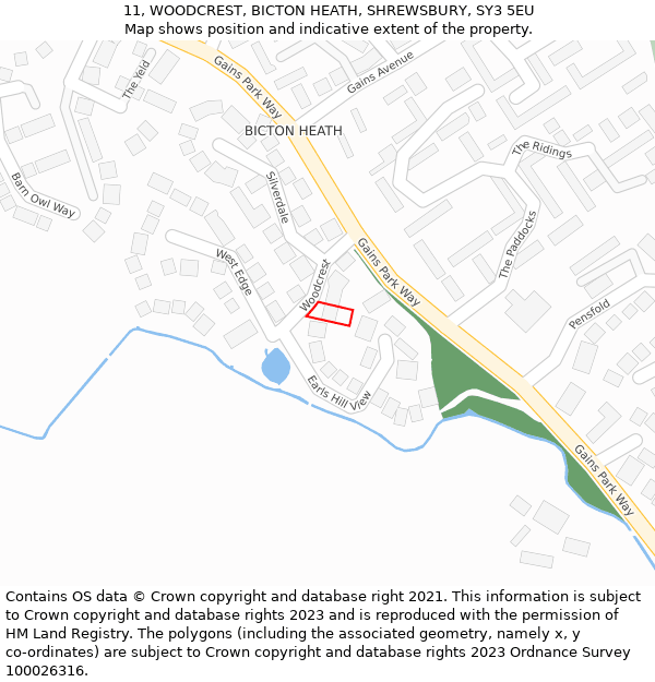 11, WOODCREST, BICTON HEATH, SHREWSBURY, SY3 5EU: Location map and indicative extent of plot