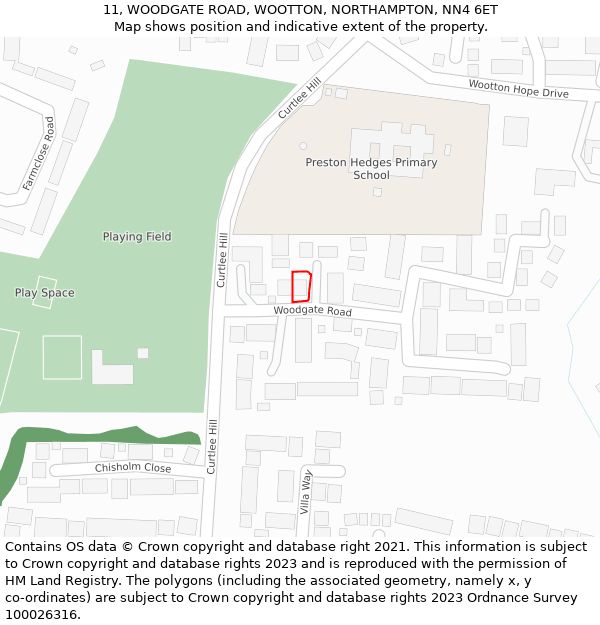 11, WOODGATE ROAD, WOOTTON, NORTHAMPTON, NN4 6ET: Location map and indicative extent of plot