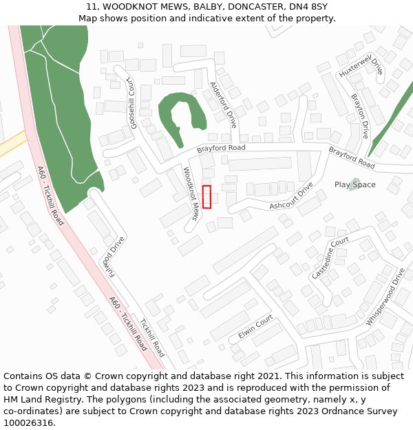 11, WOODKNOT MEWS, BALBY, DONCASTER, DN4 8SY: Location map and indicative extent of plot