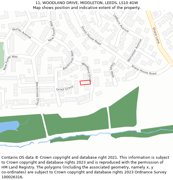 11, WOODLAND DRIVE, MIDDLETON, LEEDS, LS10 4GW: Location map and indicative extent of plot