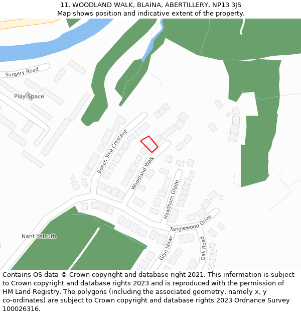 11, WOODLAND WALK, BLAINA, ABERTILLERY, NP13 3JS: Location map and indicative extent of plot