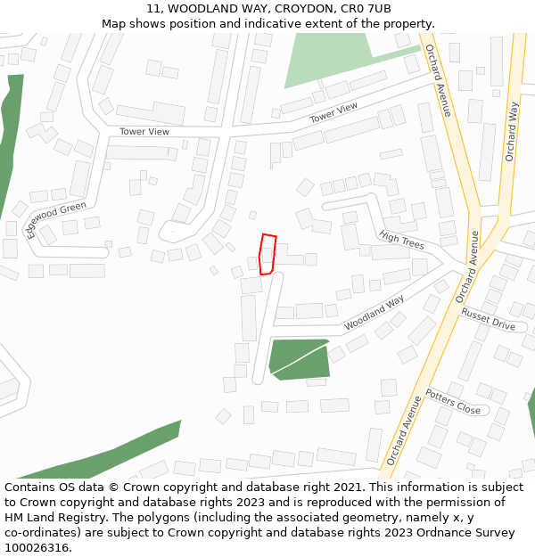 11, WOODLAND WAY, CROYDON, CR0 7UB: Location map and indicative extent of plot