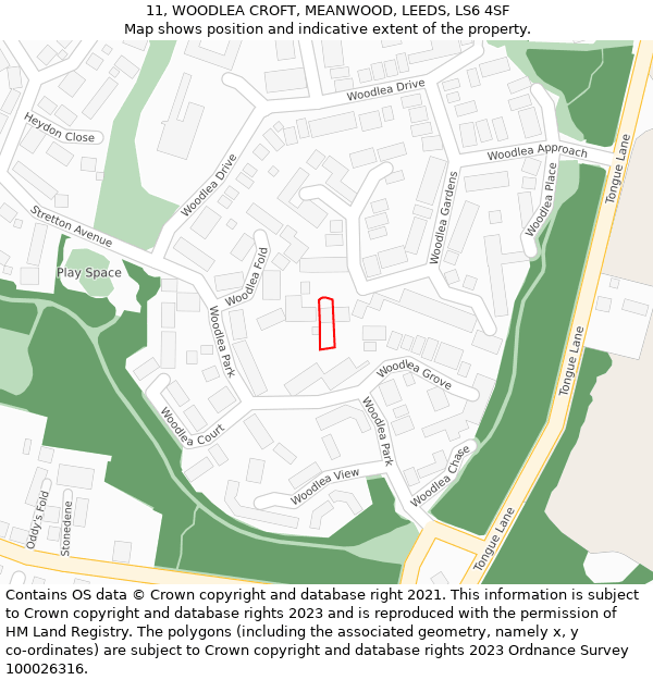11, WOODLEA CROFT, MEANWOOD, LEEDS, LS6 4SF: Location map and indicative extent of plot