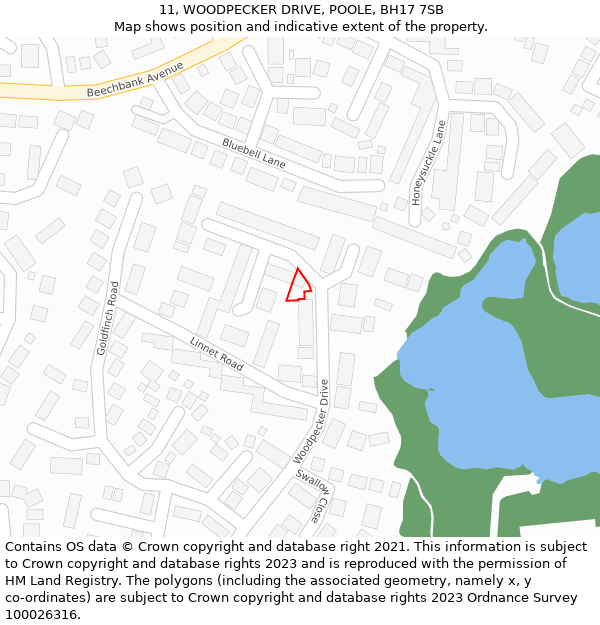 11, WOODPECKER DRIVE, POOLE, BH17 7SB: Location map and indicative extent of plot