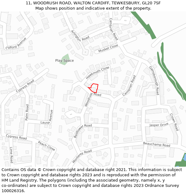 11, WOODRUSH ROAD, WALTON CARDIFF, TEWKESBURY, GL20 7SF: Location map and indicative extent of plot