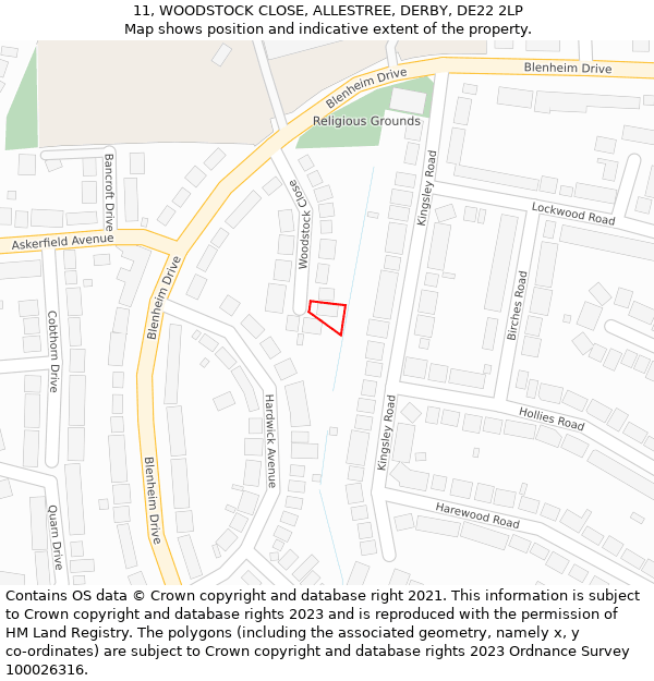 11, WOODSTOCK CLOSE, ALLESTREE, DERBY, DE22 2LP: Location map and indicative extent of plot