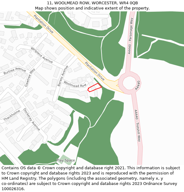 11, WOOLMEAD ROW, WORCESTER, WR4 0QB: Location map and indicative extent of plot