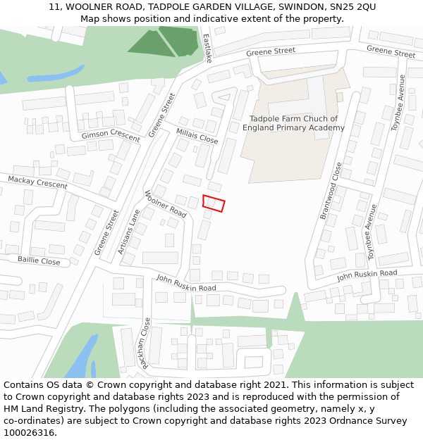 11, WOOLNER ROAD, TADPOLE GARDEN VILLAGE, SWINDON, SN25 2QU: Location map and indicative extent of plot