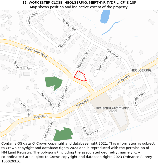 11, WORCESTER CLOSE, HEOLGERRIG, MERTHYR TYDFIL, CF48 1SP: Location map and indicative extent of plot