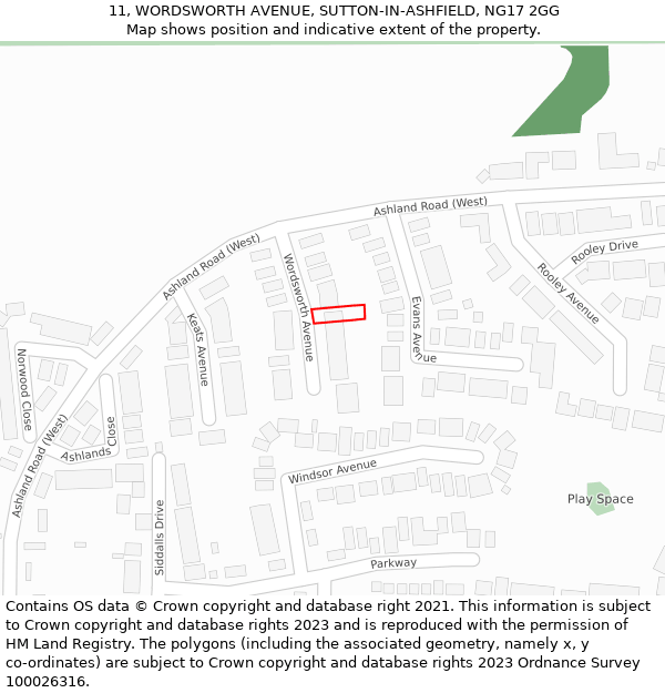 11, WORDSWORTH AVENUE, SUTTON-IN-ASHFIELD, NG17 2GG: Location map and indicative extent of plot