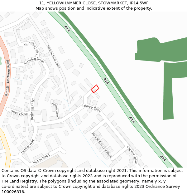 11, YELLOWHAMMER CLOSE, STOWMARKET, IP14 5WF: Location map and indicative extent of plot