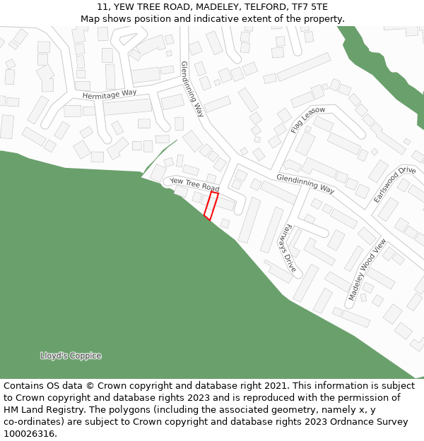 11, YEW TREE ROAD, MADELEY, TELFORD, TF7 5TE: Location map and indicative extent of plot