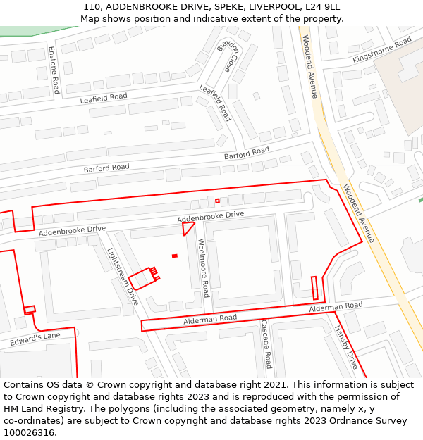 110, ADDENBROOKE DRIVE, SPEKE, LIVERPOOL, L24 9LL: Location map and indicative extent of plot