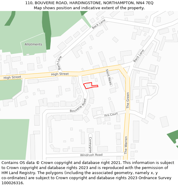 110, BOUVERIE ROAD, HARDINGSTONE, NORTHAMPTON, NN4 7EQ: Location map and indicative extent of plot
