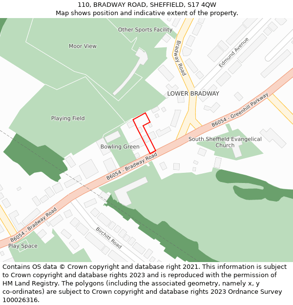 110, BRADWAY ROAD, SHEFFIELD, S17 4QW: Location map and indicative extent of plot