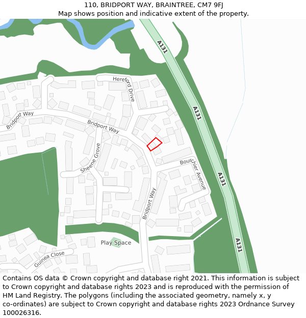 110, BRIDPORT WAY, BRAINTREE, CM7 9FJ: Location map and indicative extent of plot