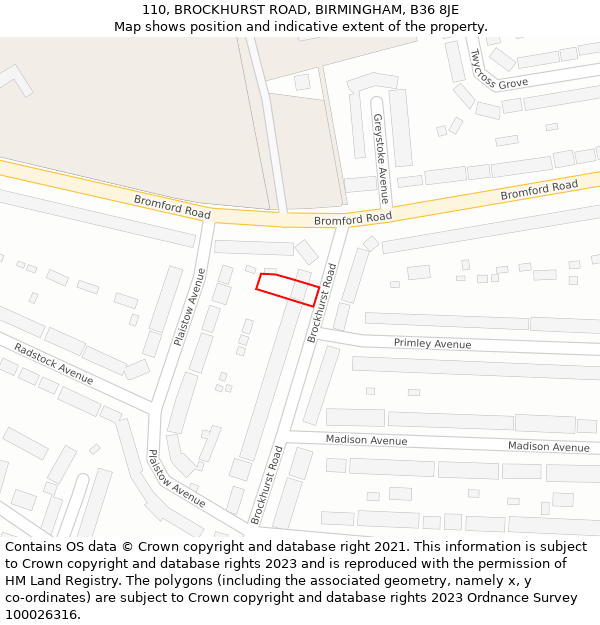 110, BROCKHURST ROAD, BIRMINGHAM, B36 8JE: Location map and indicative extent of plot