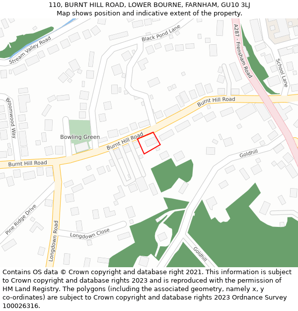 110, BURNT HILL ROAD, LOWER BOURNE, FARNHAM, GU10 3LJ: Location map and indicative extent of plot