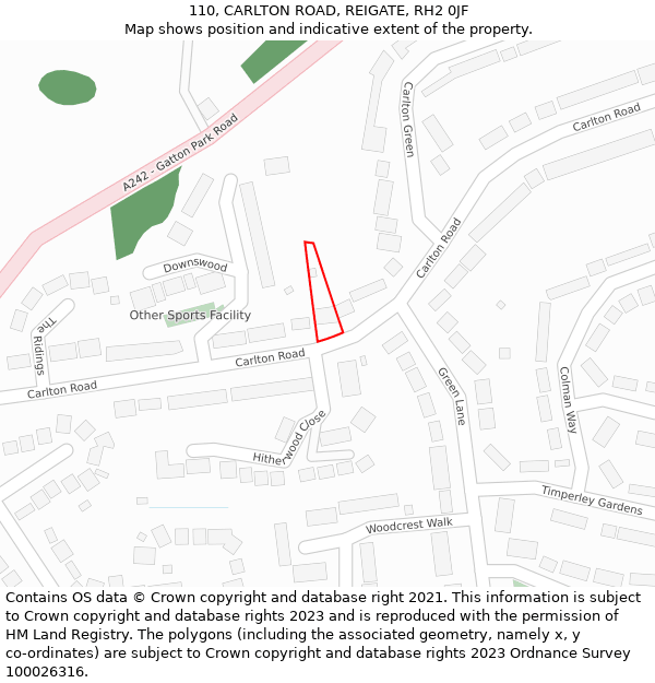 110, CARLTON ROAD, REIGATE, RH2 0JF: Location map and indicative extent of plot