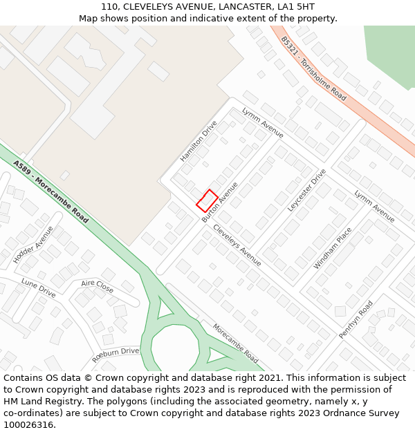 110, CLEVELEYS AVENUE, LANCASTER, LA1 5HT: Location map and indicative extent of plot