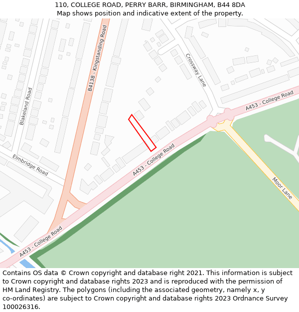 110, COLLEGE ROAD, PERRY BARR, BIRMINGHAM, B44 8DA: Location map and indicative extent of plot