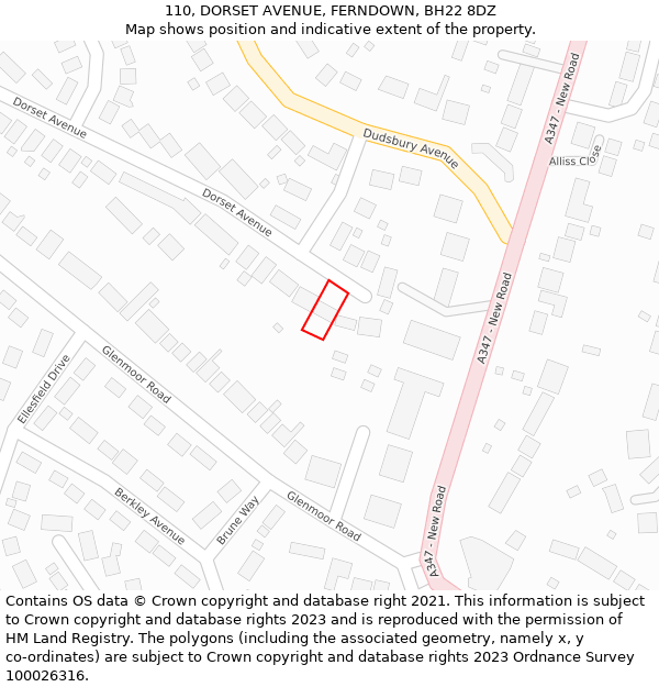 110, DORSET AVENUE, FERNDOWN, BH22 8DZ: Location map and indicative extent of plot