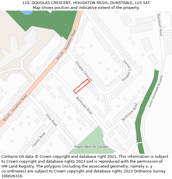 110, DOUGLAS CRESCENT, HOUGHTON REGIS, DUNSTABLE, LU5 5AT: Location map and indicative extent of plot