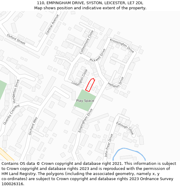 110, EMPINGHAM DRIVE, SYSTON, LEICESTER, LE7 2DL: Location map and indicative extent of plot