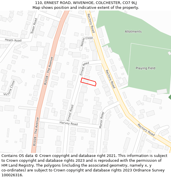 110, ERNEST ROAD, WIVENHOE, COLCHESTER, CO7 9LJ: Location map and indicative extent of plot