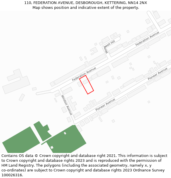 110, FEDERATION AVENUE, DESBOROUGH, KETTERING, NN14 2NX: Location map and indicative extent of plot