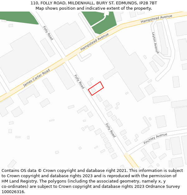 110, FOLLY ROAD, MILDENHALL, BURY ST. EDMUNDS, IP28 7BT: Location map and indicative extent of plot