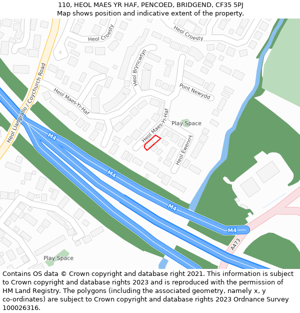 110, HEOL MAES YR HAF, PENCOED, BRIDGEND, CF35 5PJ: Location map and indicative extent of plot