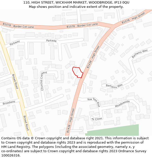 110, HIGH STREET, WICKHAM MARKET, WOODBRIDGE, IP13 0QU: Location map and indicative extent of plot