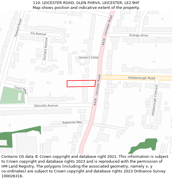 110, LEICESTER ROAD, GLEN PARVA, LEICESTER, LE2 9HF: Location map and indicative extent of plot