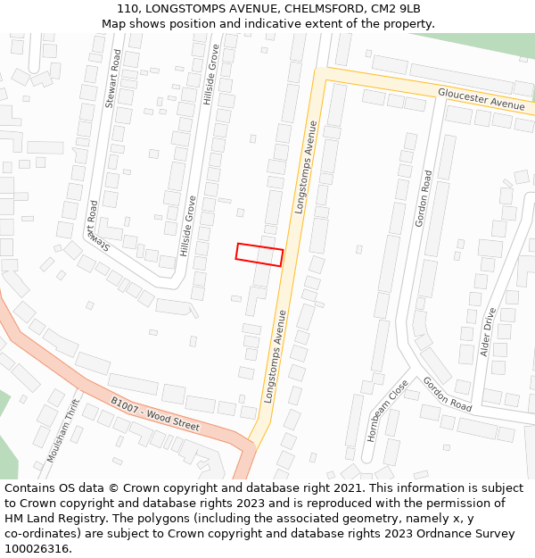 110, LONGSTOMPS AVENUE, CHELMSFORD, CM2 9LB: Location map and indicative extent of plot