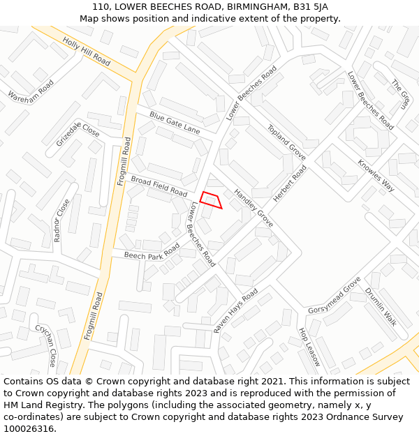 110, LOWER BEECHES ROAD, BIRMINGHAM, B31 5JA: Location map and indicative extent of plot