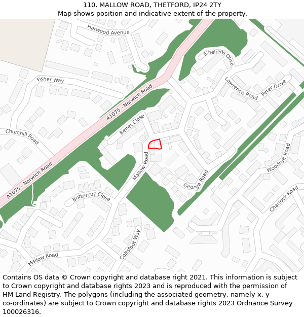 110, MALLOW ROAD, THETFORD, IP24 2TY: Location map and indicative extent of plot