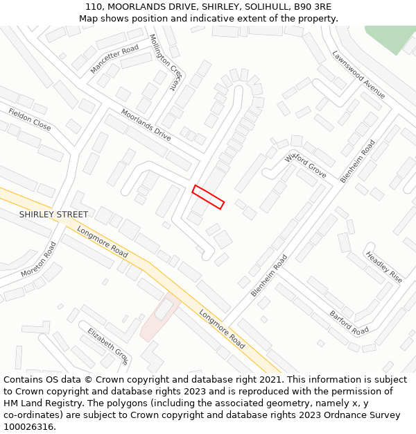 110, MOORLANDS DRIVE, SHIRLEY, SOLIHULL, B90 3RE: Location map and indicative extent of plot