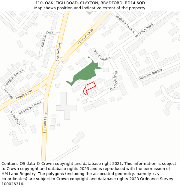 110, OAKLEIGH ROAD, CLAYTON, BRADFORD, BD14 6QD: Location map and indicative extent of plot
