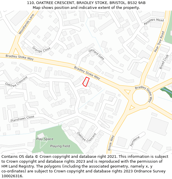 110, OAKTREE CRESCENT, BRADLEY STOKE, BRISTOL, BS32 9AB: Location map and indicative extent of plot