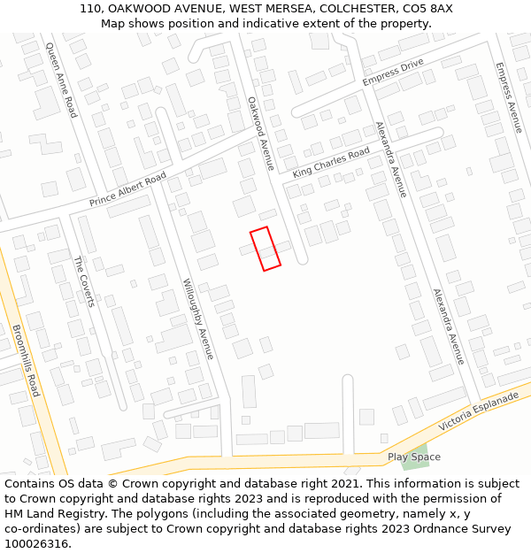 110, OAKWOOD AVENUE, WEST MERSEA, COLCHESTER, CO5 8AX: Location map and indicative extent of plot