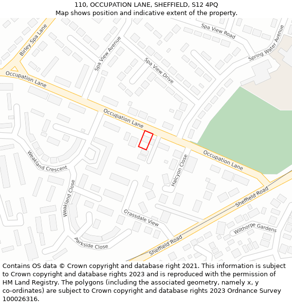 110, OCCUPATION LANE, SHEFFIELD, S12 4PQ: Location map and indicative extent of plot