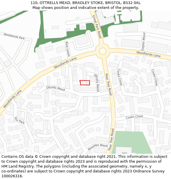 110, OTTRELLS MEAD, BRADLEY STOKE, BRISTOL, BS32 0AL: Location map and indicative extent of plot