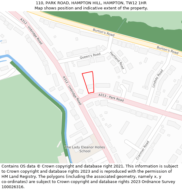 110, PARK ROAD, HAMPTON HILL, HAMPTON, TW12 1HR: Location map and indicative extent of plot